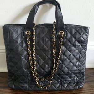 BLACK QUILTED LEATHER LOVE STITCH TOTE GOLD CHAIN - WEAR 3 WAYS!